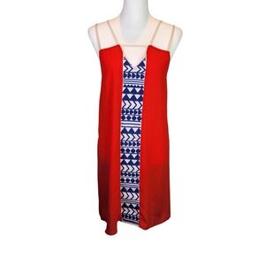THML Red Embroidered Geometric Shift Dress Blue White Modern Boho Small
